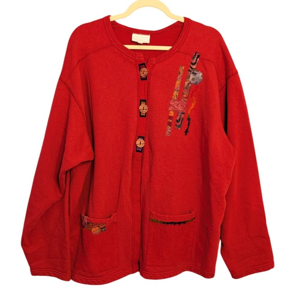 Nu Views Vintage Red Cardigan XXL 100% Cotton Button Abstract Embroidery